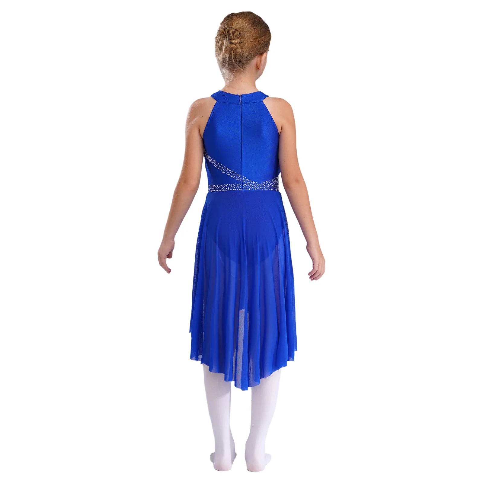 Girls' Sleeveless Rhinestone Ballet Dress with Asymmetric Mesh Skirt Overlay