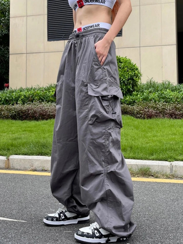Women's Parachute Cargo Pants with Drawstring Waist and Side Pockets