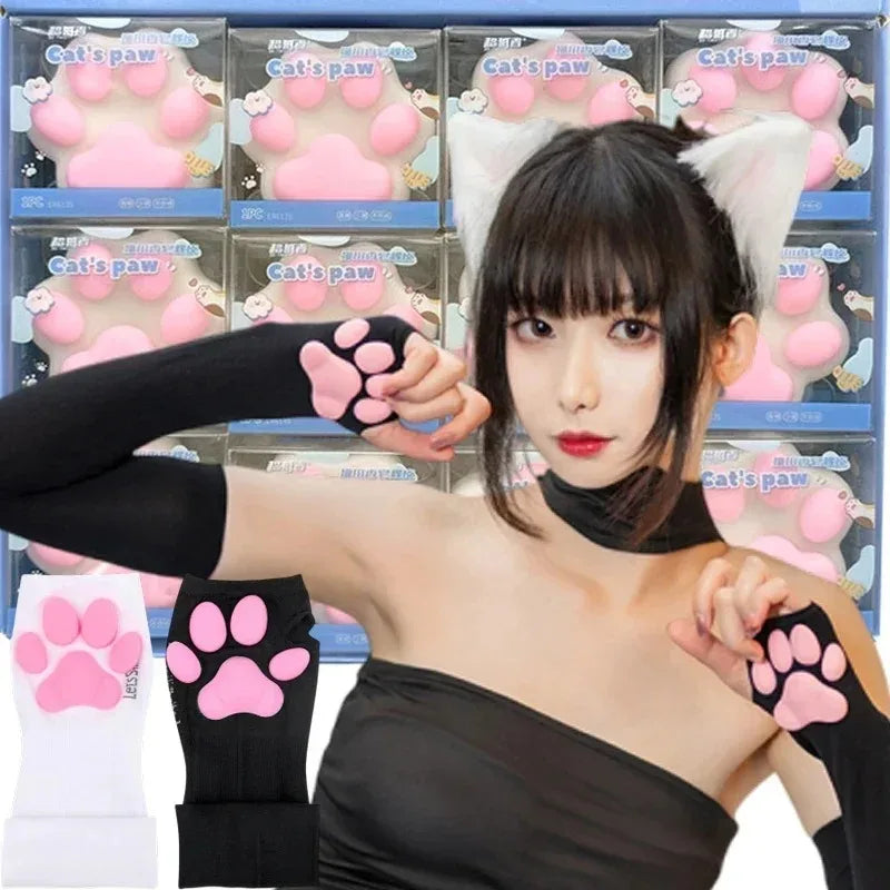 Long Fingerless Paw Gloves with Decorative Pink Pads