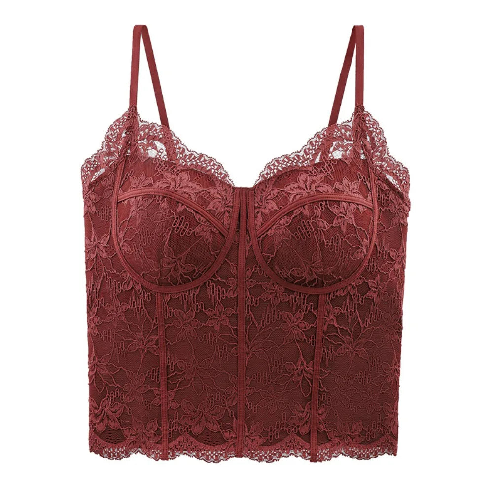 Women's Floral Lace Crop Top with Thin Shoulder Straps and Chest Pads