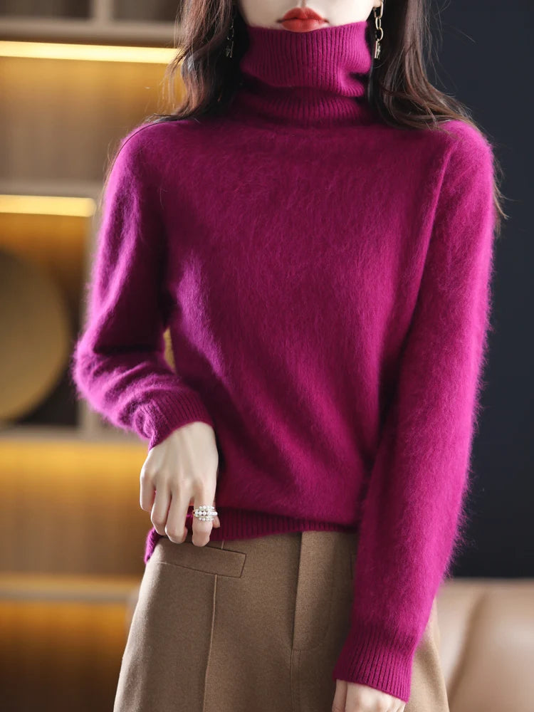 Women's Plain Roll Neck Long Sleeve Sweater Casual Knit Layer
