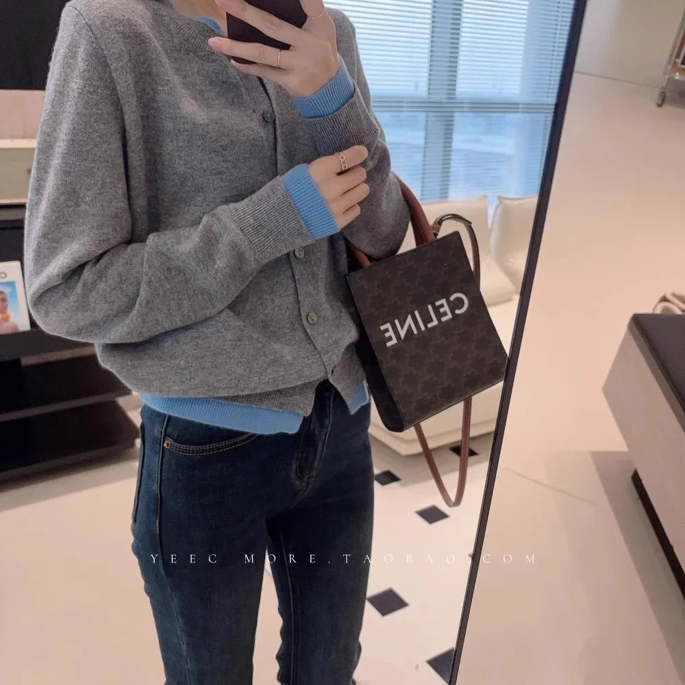 Fake two 100% pure cashmere sweater cardigan dark grey high-grade wool knit coat top