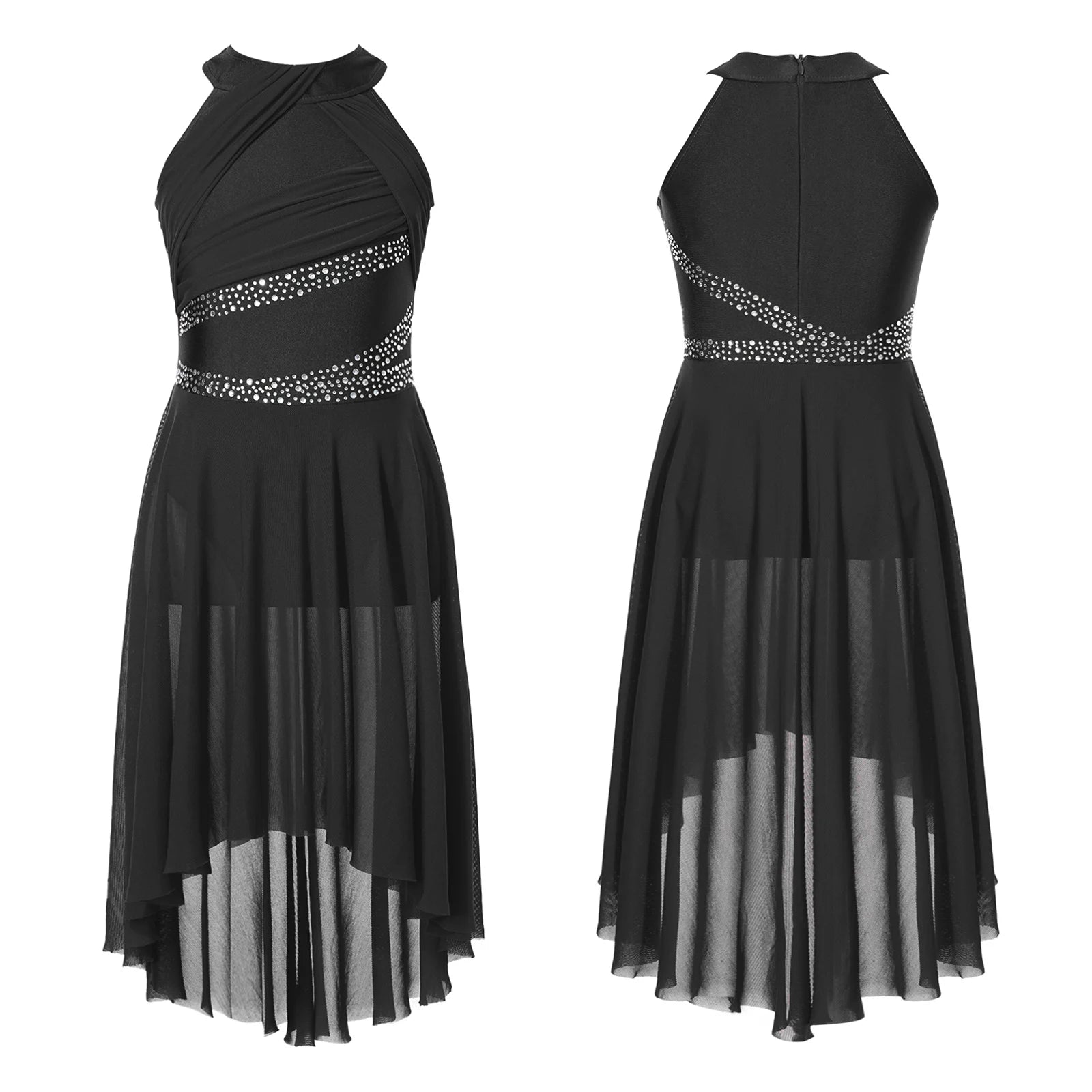 Girls' Sleeveless Rhinestone Ballet Dress with Asymmetric Mesh Skirt Overlay