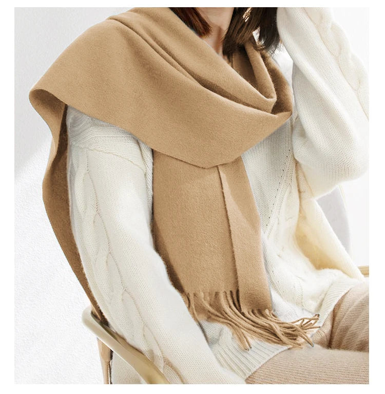 Solid Long Wool Scarf with Decorative Fringed Ends