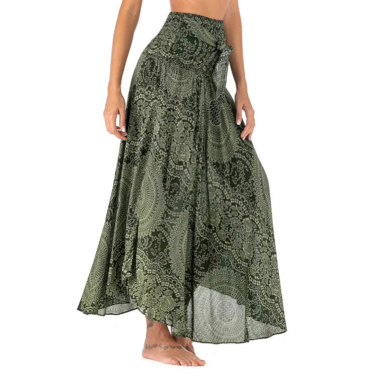 Women's Printed Nylon Harem Pants with Smocked Waist and Convertible Styling