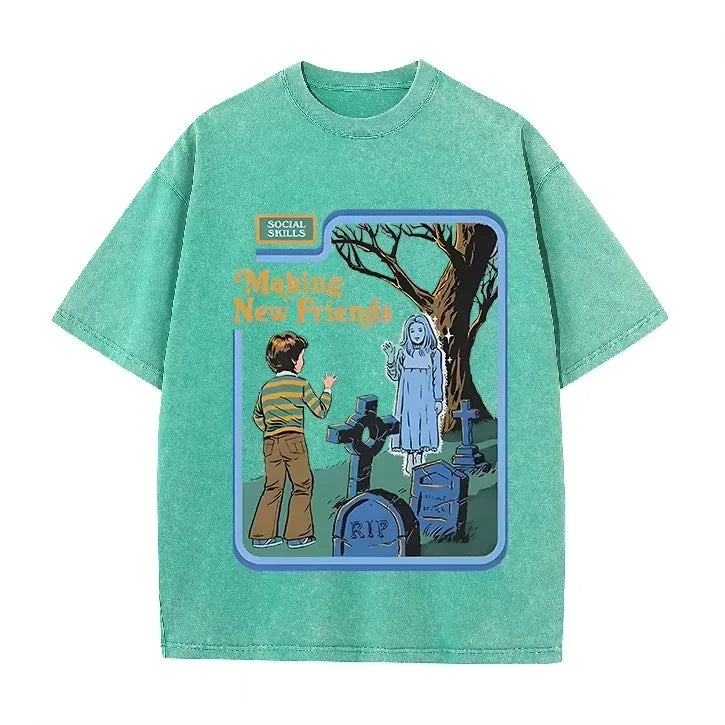 Green Acid Wash Making Friends Ghost Cemetery Vintage Halloween Tee