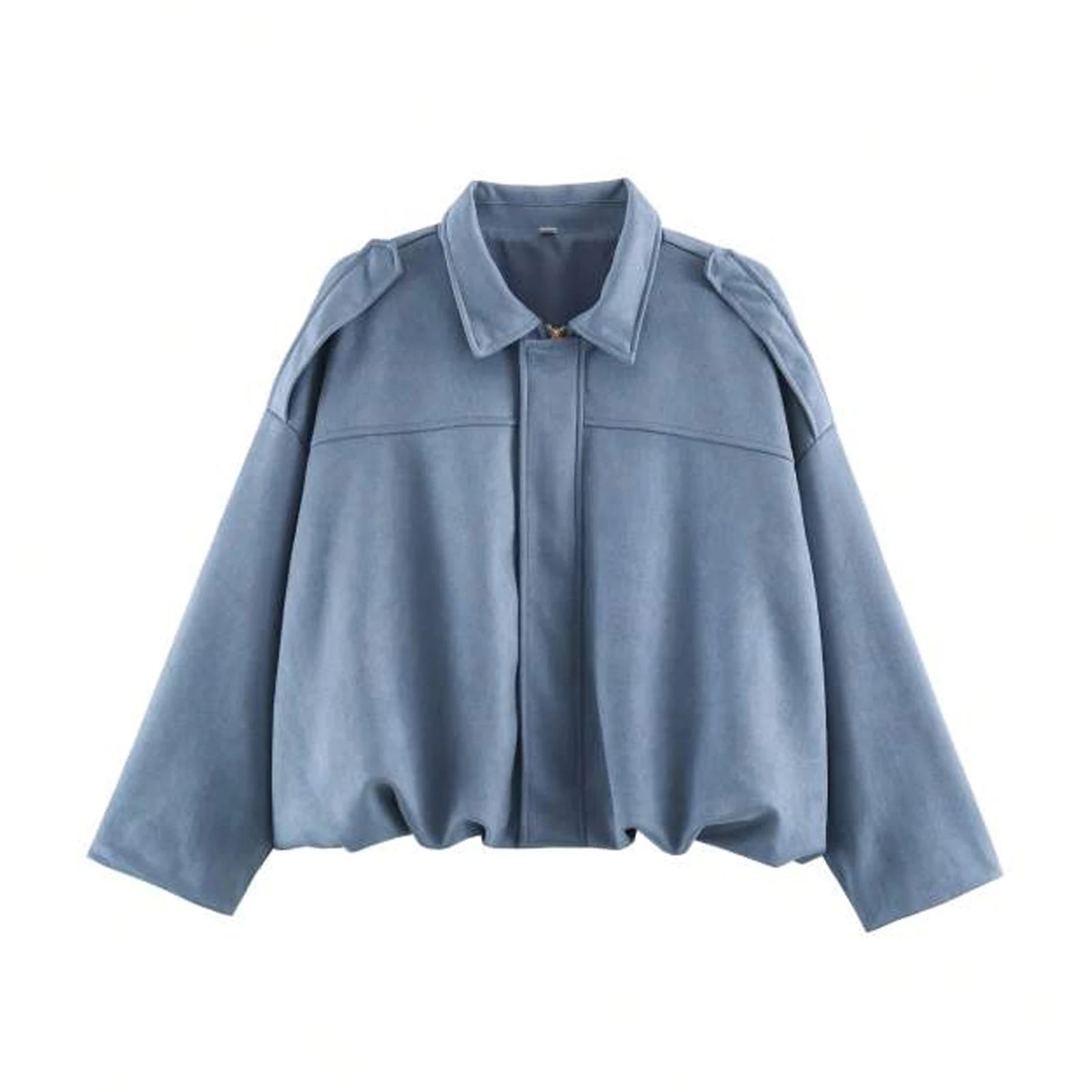 Women's Polyester Suede-Look Loose Long-Batwing-Sleeve Zip-Front Collared Jacket for Casual Autumn Outfits