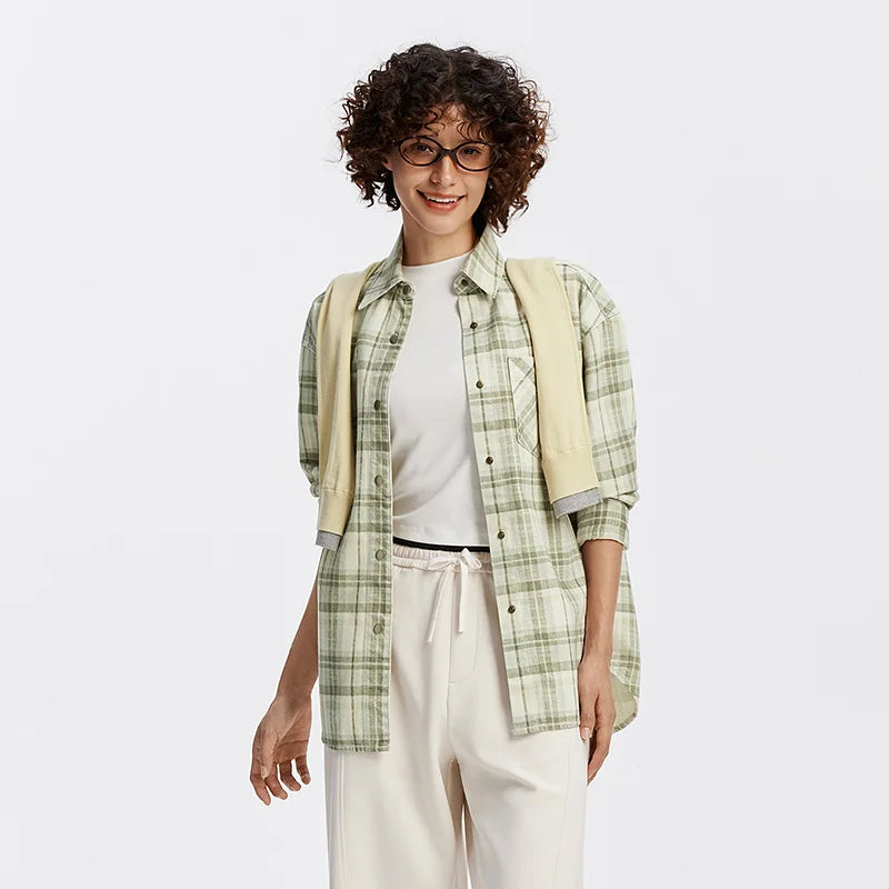 Women's Checked Relaxed Long Sleeve Button Front Overshirt
