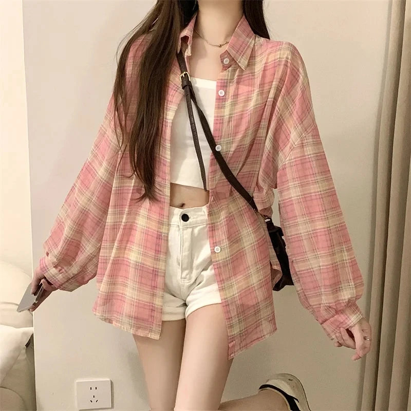 Women's Sheer Checked Short Sleeve Button Front Shirt