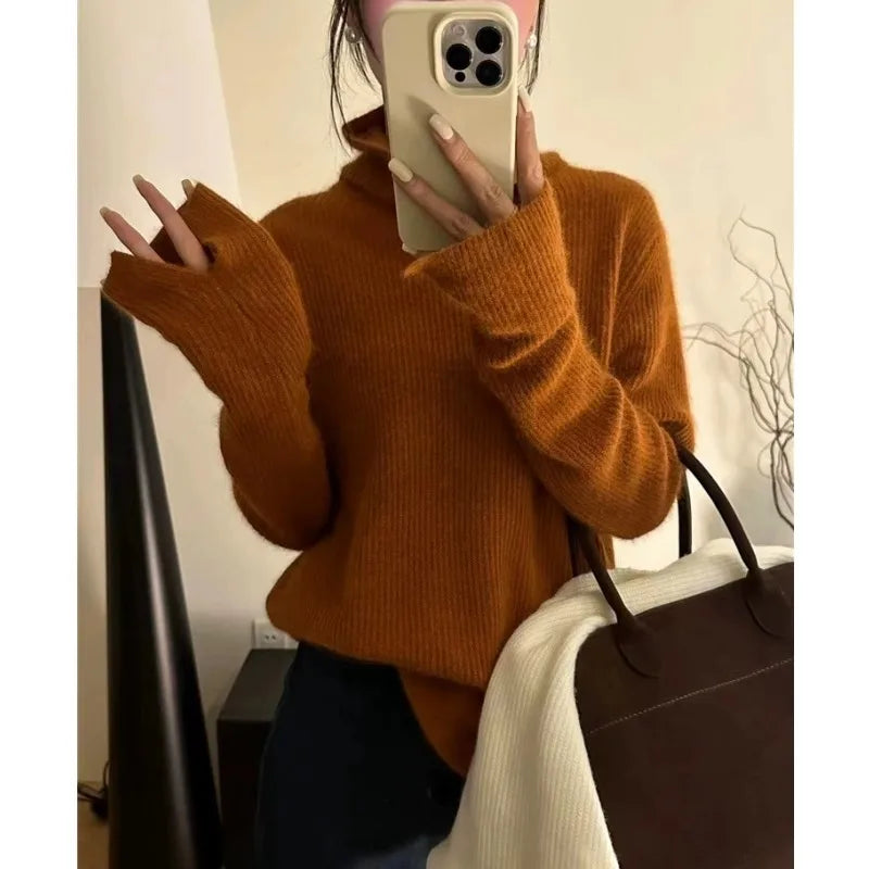Foreign style autumn and winter turtleneck 100% pure cashmere sweater women lazy loose thick jumper knitted wool base shirt
