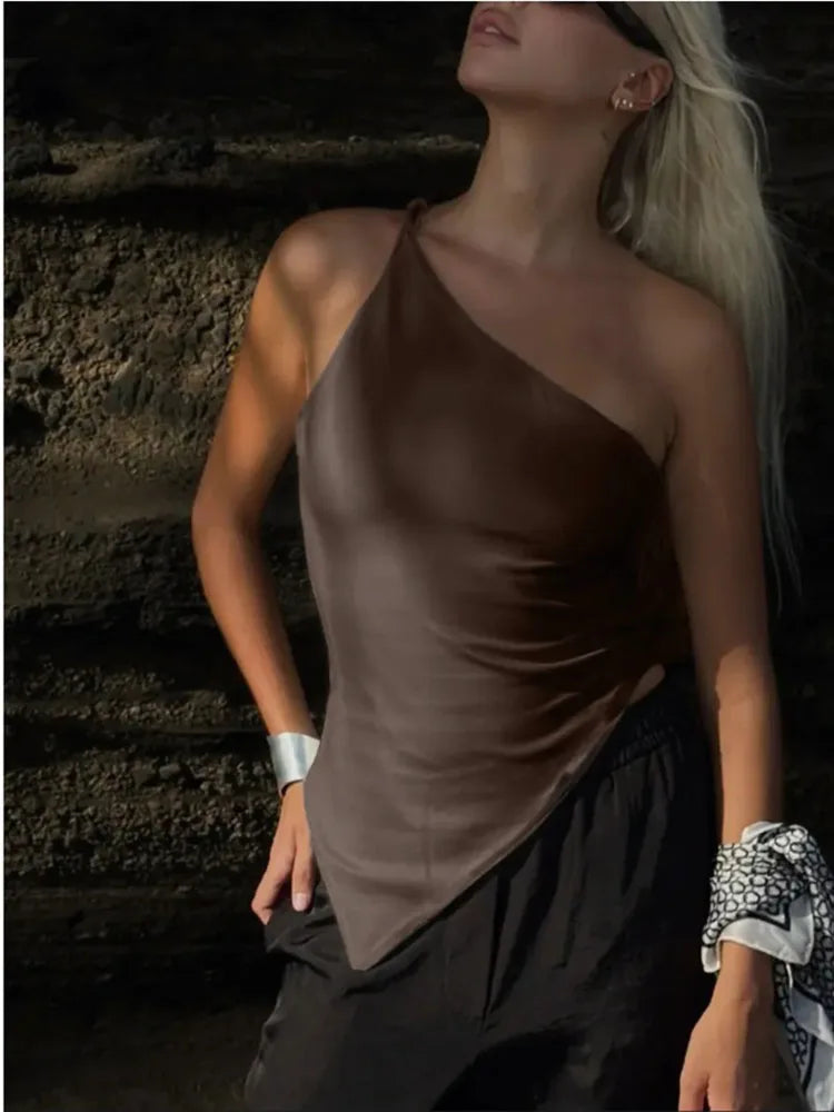 Women's One Shoulder Polyester Blend Tank Top with Ruched Asymmetric Hem