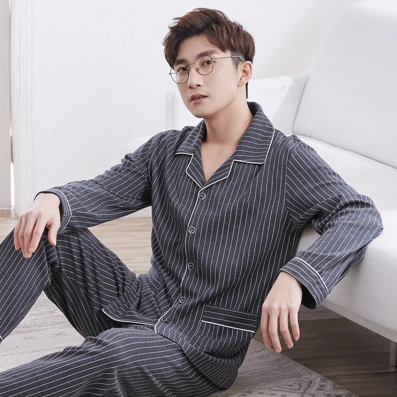 Men's Printed Button Front Long Sleeve Shirt and Pants Pajama Set