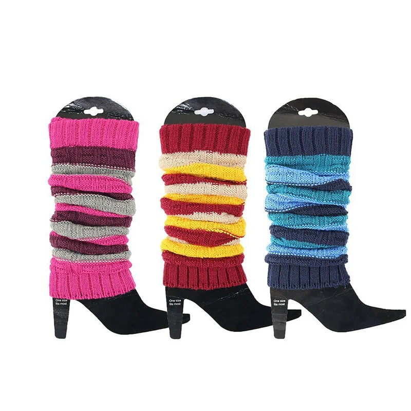 Striped Knit Calf Leg Warmers with Stirrup Foot Shape