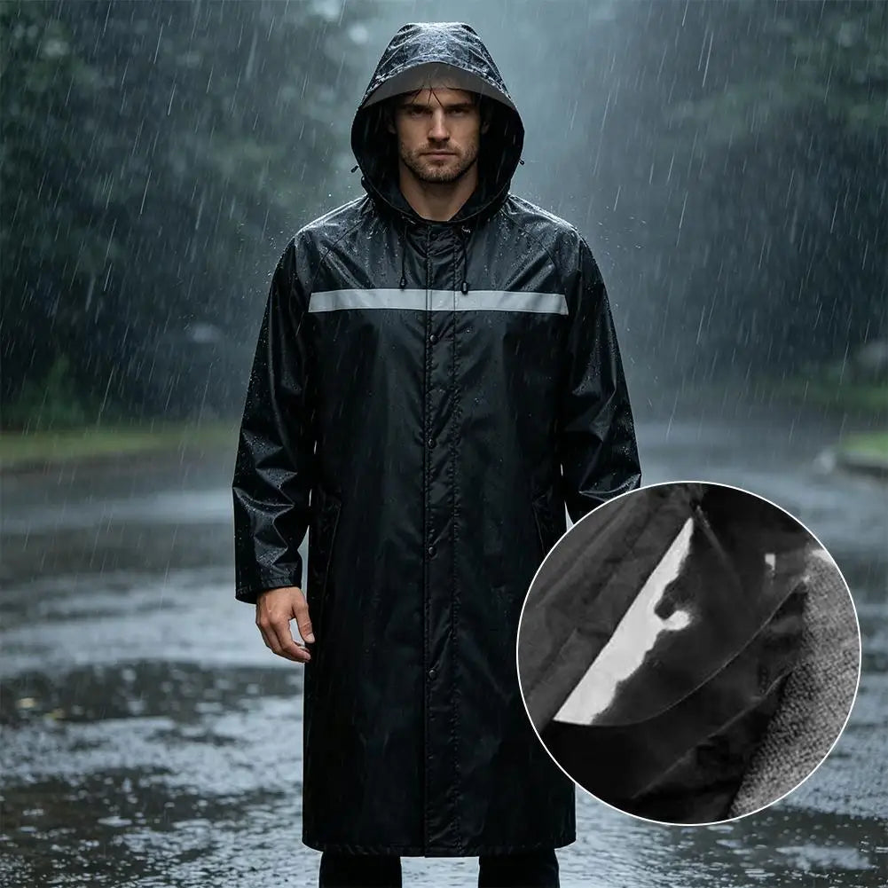 Long Hooded Rain Coat with Front Closure and Contrast Stripe