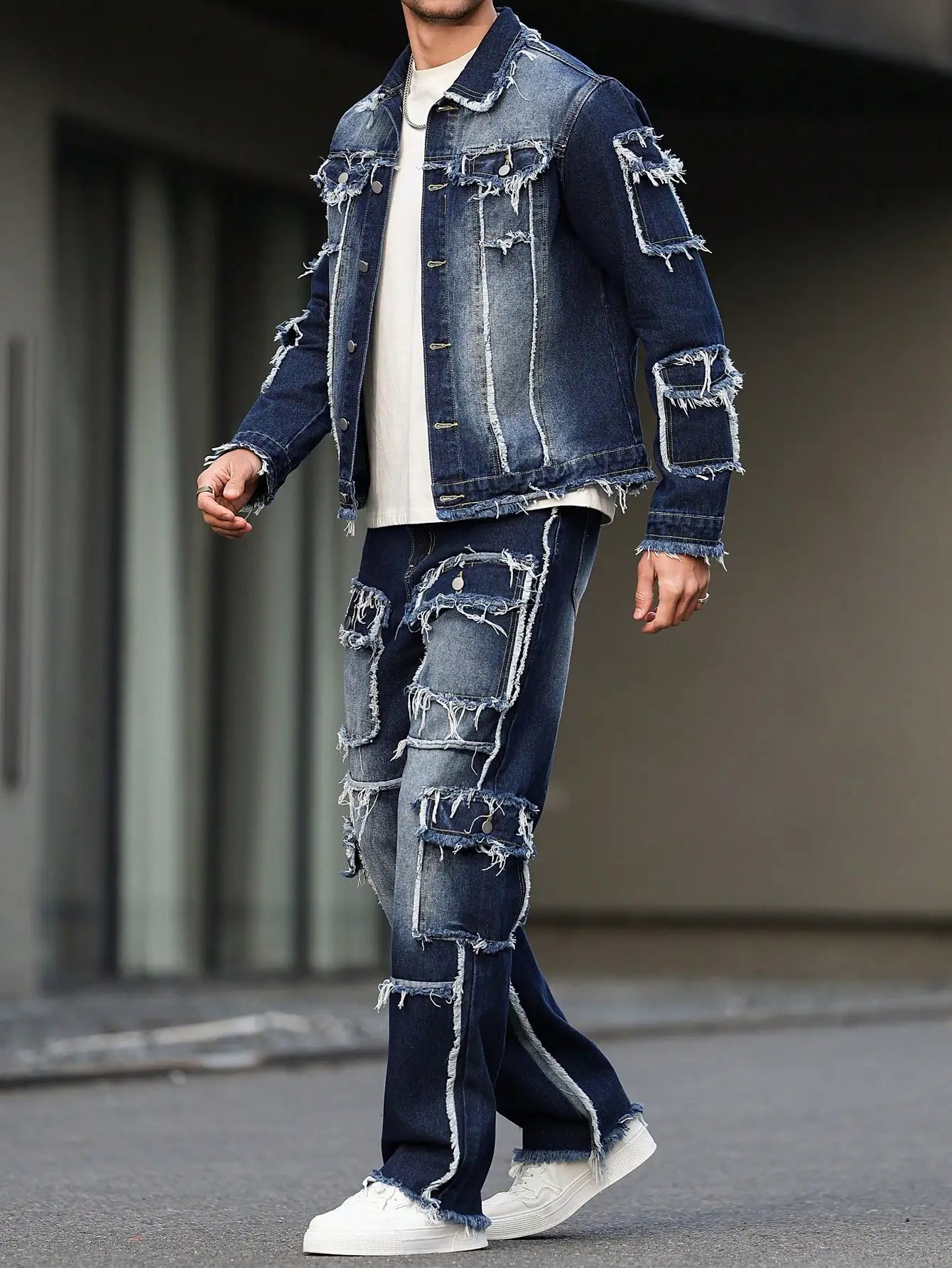 Men's Distressed Denim Jacket and Wide-Leg Pants Set