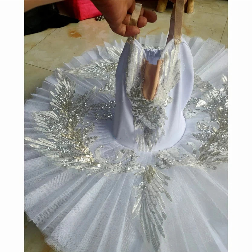 Girls' White Pancake Ballet Tutu Costume with Decorated Bodice and Kids Sizes