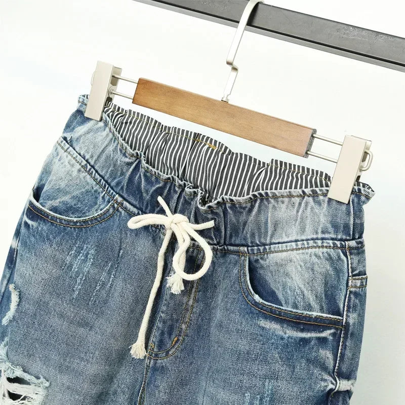 Women's Drawstring Cropped Cuffed Distressed Denim Jeans For Everyday Outfits