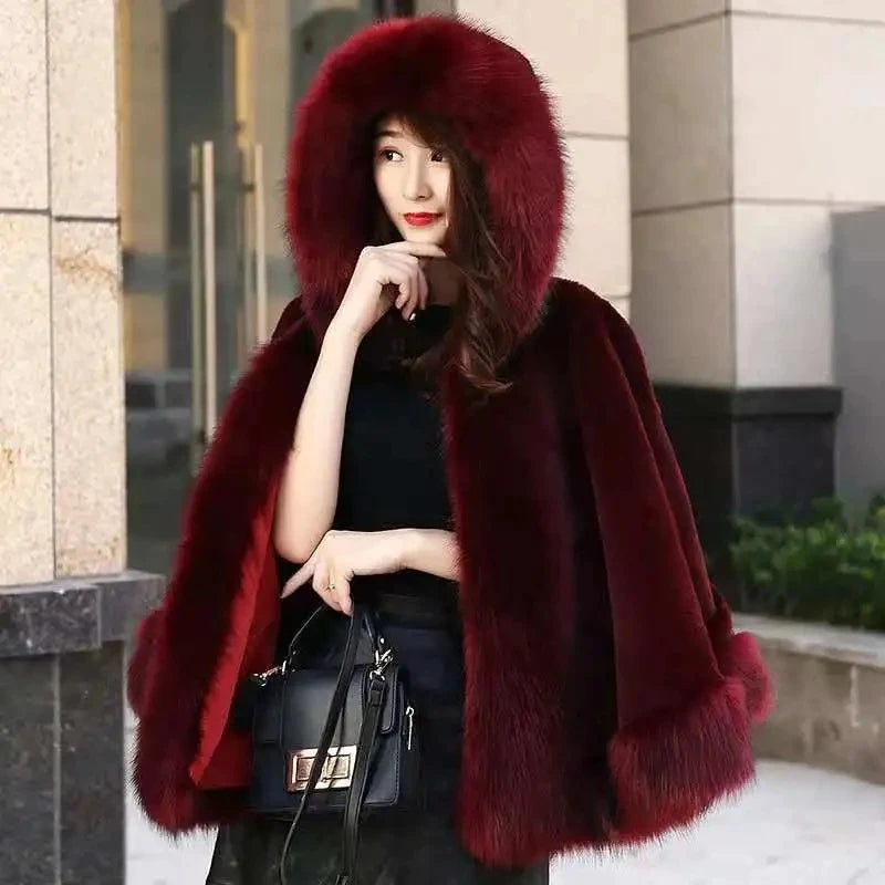 Plush Trim Hooded Cape for Layering over Outfits