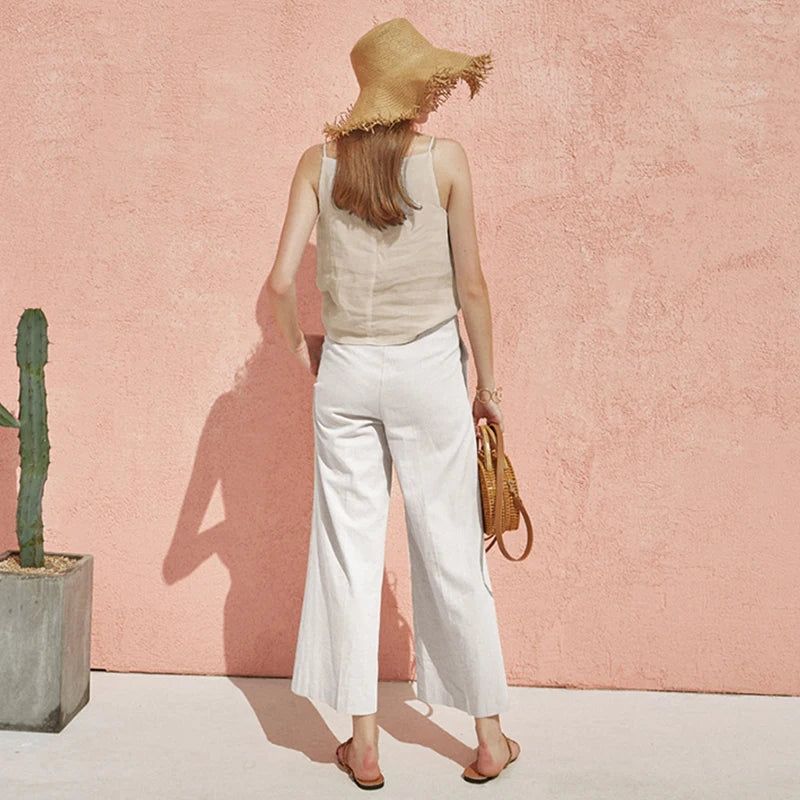 Women's Cotton-Linen Sleeveless Square-Neck Camisole Top with Straps for Casual Summer Outfits