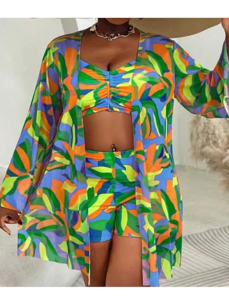 Women's Colourful Printed Bikini Shorts Set with Matching Cover Up