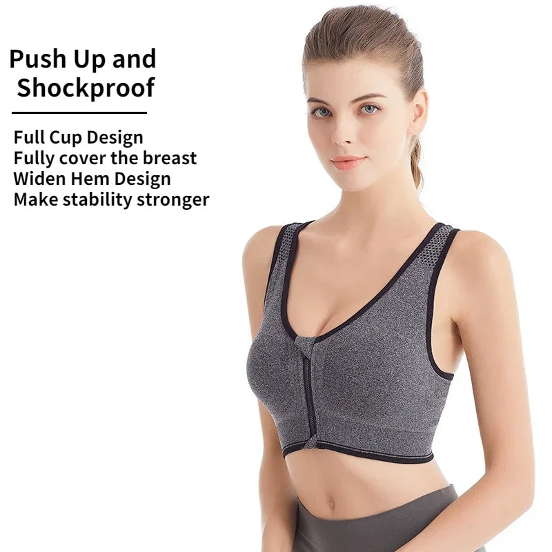 Women's Front Zip Cross Back Sports Bra