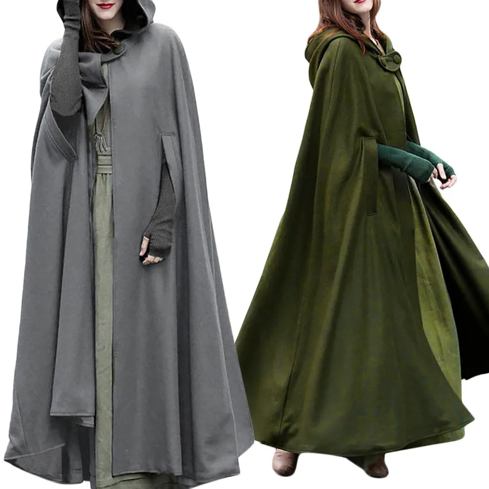 Long Hooded Button Front Cape for Layering over Outfits