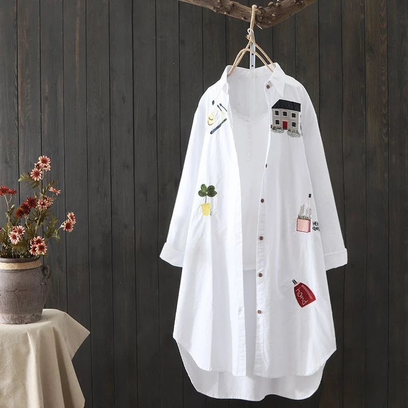 Women's Embroidered Longline Button Front Shirt