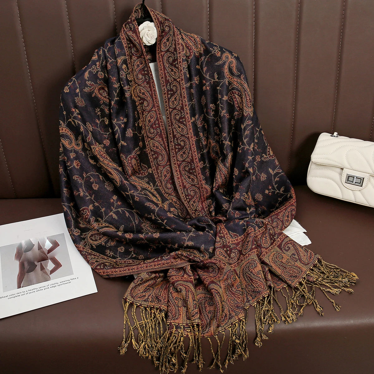 Paisley Floral Print Long Scarf with Fringed Ends