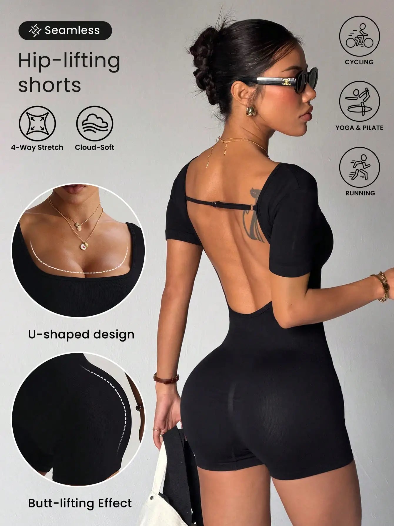 Women's Open Back Nylon Blend Romper with Short Sleeves
