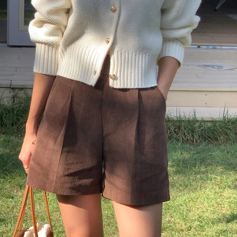 Women's 97% Cotton Corduroy High-Waist Shorts with Side Pockets for Everyday Wear