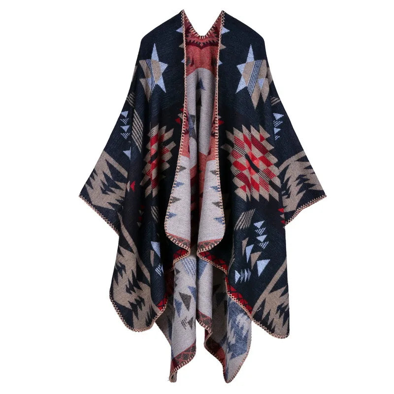 Block Plaid Open Front Poncho for Layering over Outfits