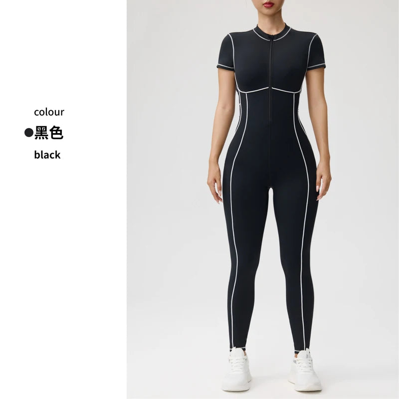 Women's Short Sleeve Nylon Blend Workout Jumpsuit with Back Cutout
