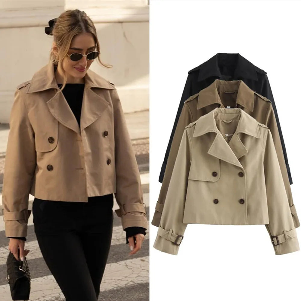 Cropped Double-Breasted Long-Sleeve Trench Jacket
