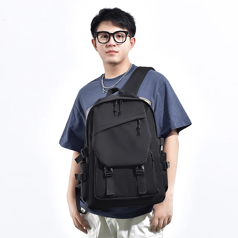 Plain Laptop Backpack with Front Pockets and Side Buckle Strap Details