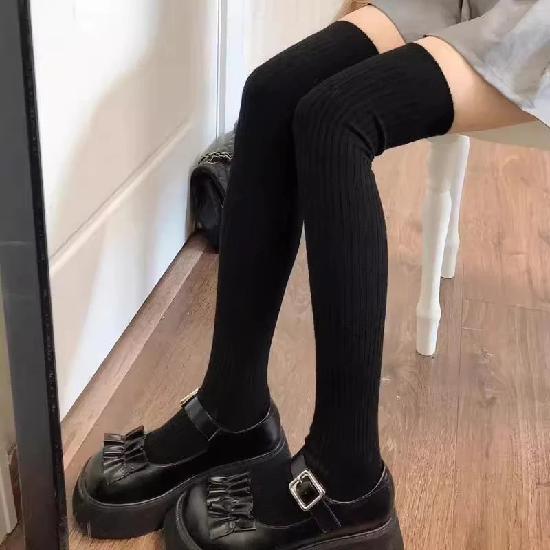 Solid Ribbed Thigh High Socks with Long Footed Shape