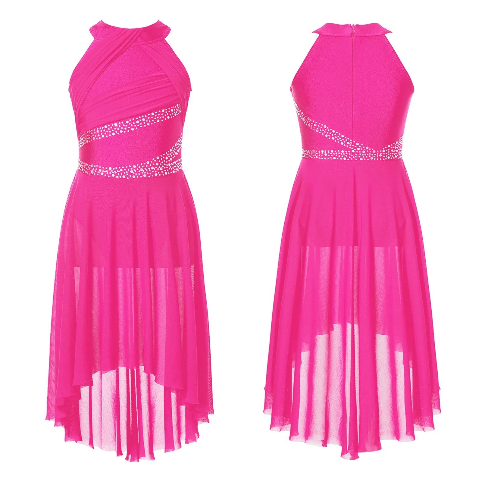 Girls' Sleeveless Rhinestone Ballet Dress with Asymmetric Mesh Skirt Overlay