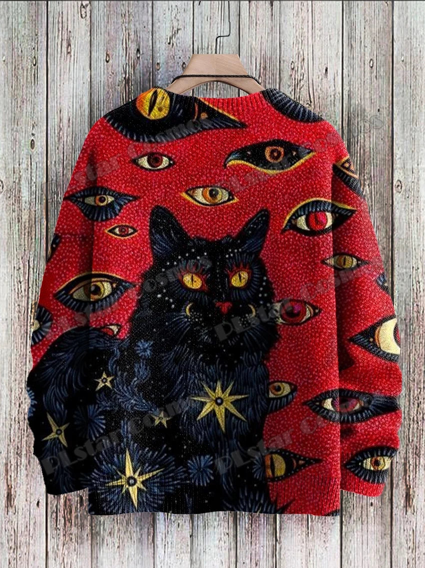 Men's Cat Print Crew Neck Long Sleeve Sweater