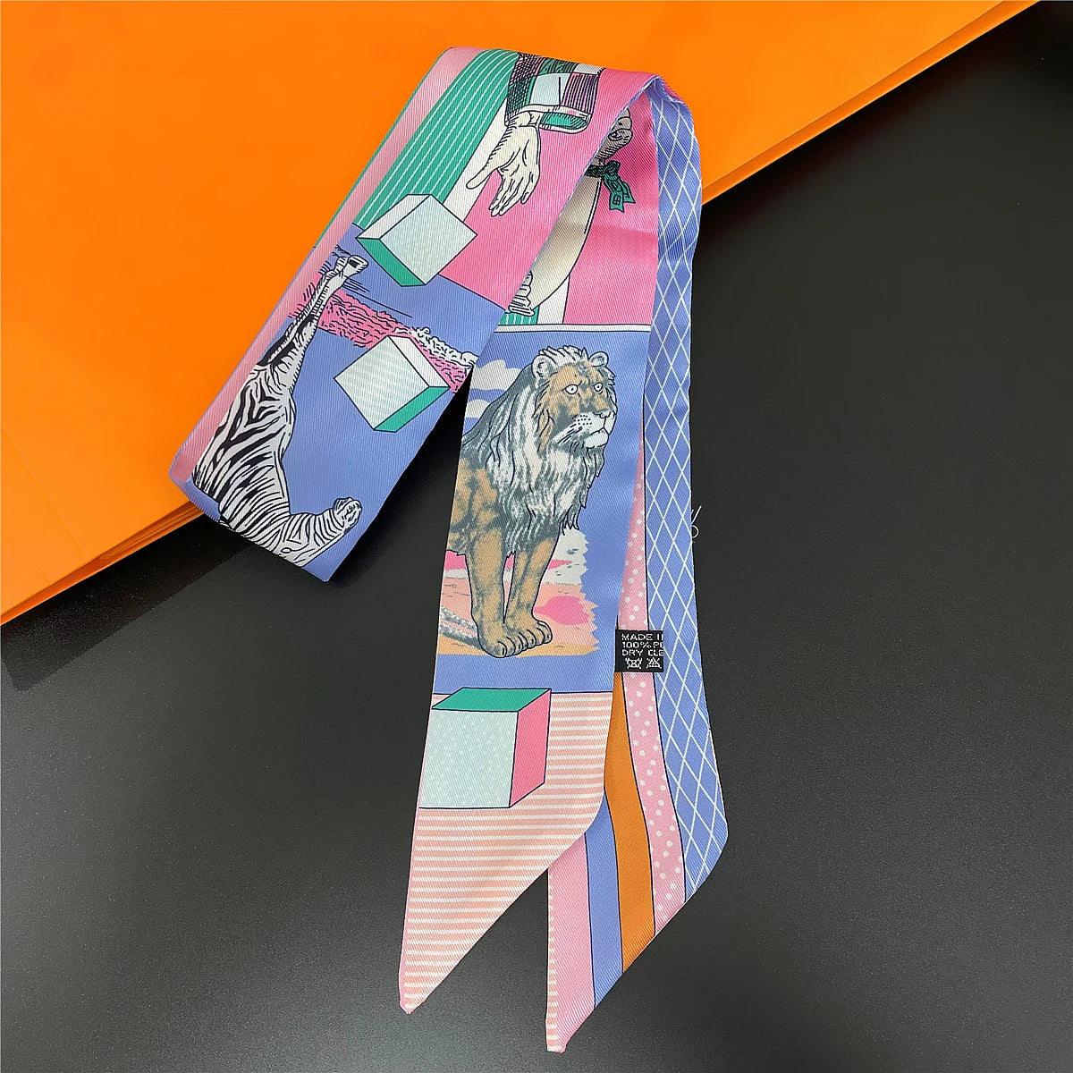 Colorful Printed Skinny Ribbon Scarf with Tie Ends