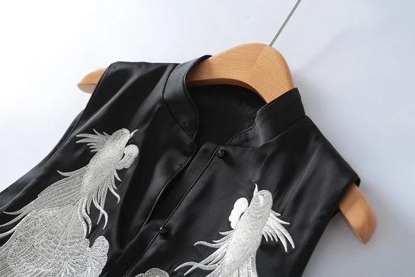 Vest For Women Chinese Style Disc Button Stand Collar Exquisite Craft Embroidery Animal Chiffon Silk Sleeveless Jackets