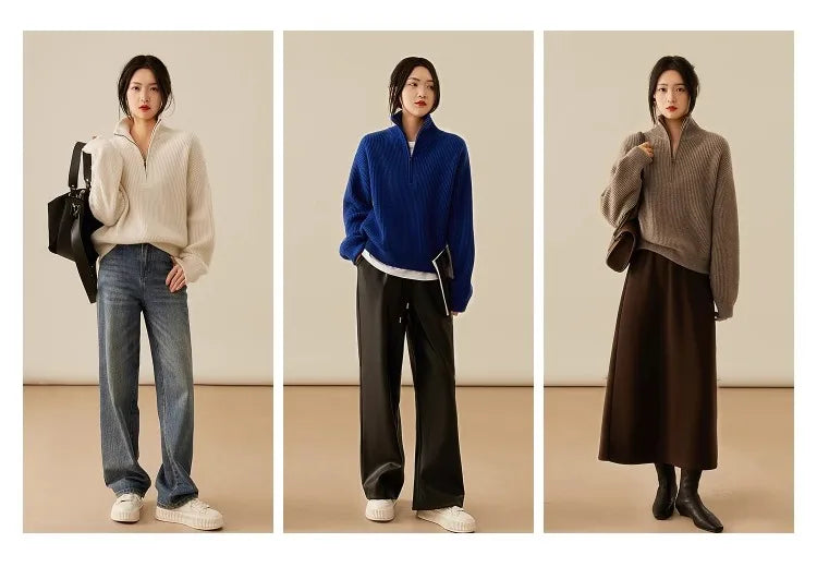 100% pure cashmere sweater women's half zip stand collar thick loose lapel pullover sweater