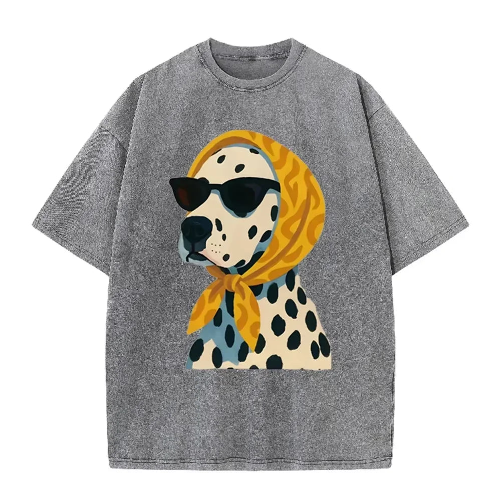 Distressed Vintage Washed Tee Stylish Cool Dalmatian Cartoon Animal Print Loose Fit Short Sleeve T Shirts