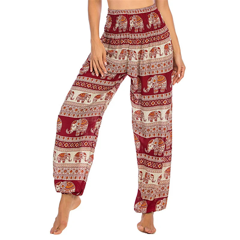 Women's Printed Rayon Harem Pants with High Waist and Gathered Ankles