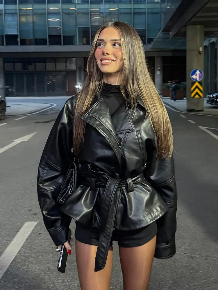 Women's Belted Faux Leather Lapel Jacket for Layered Outfits