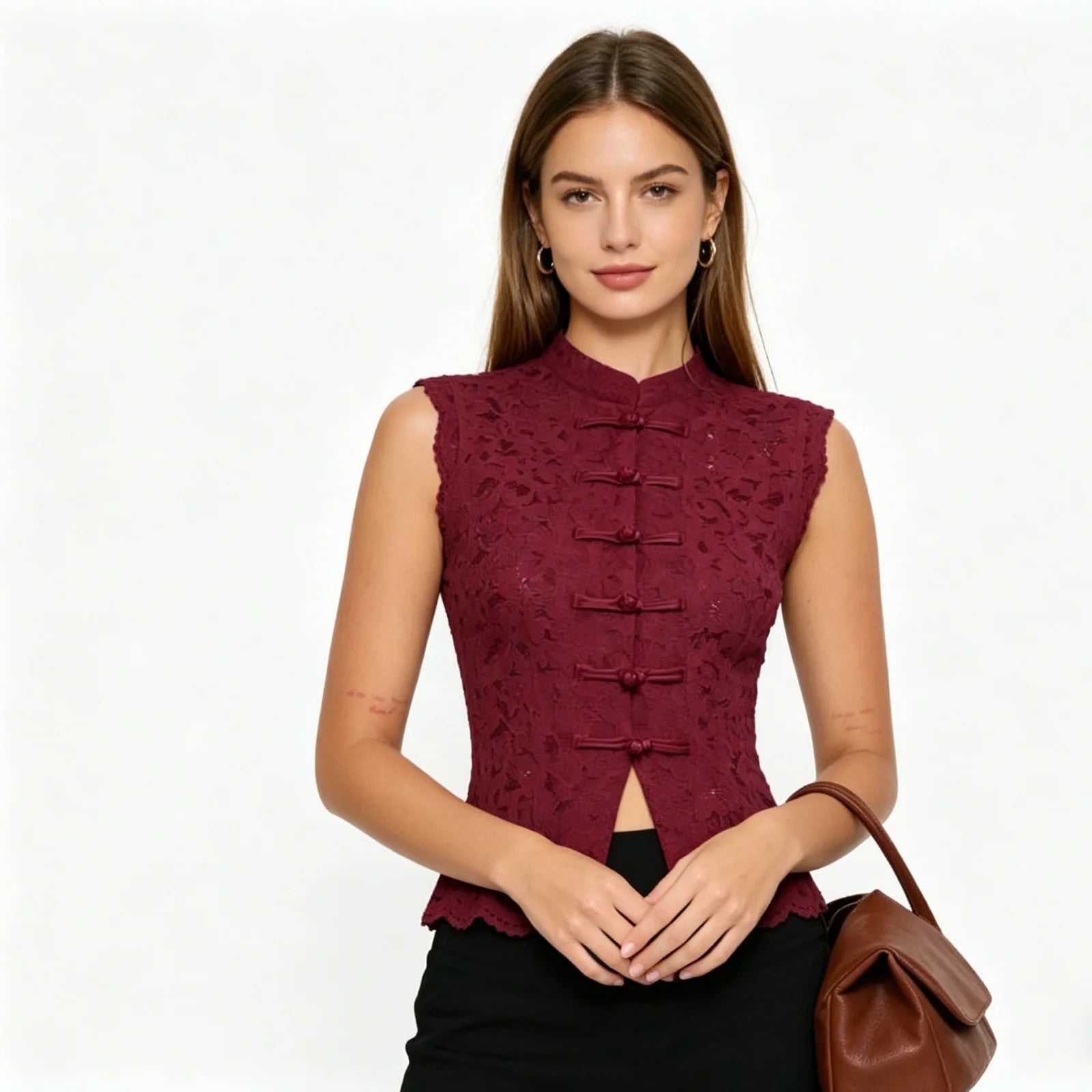Women's Sleeveless Lace Vest with a Traditional Frog-Button Front Closure