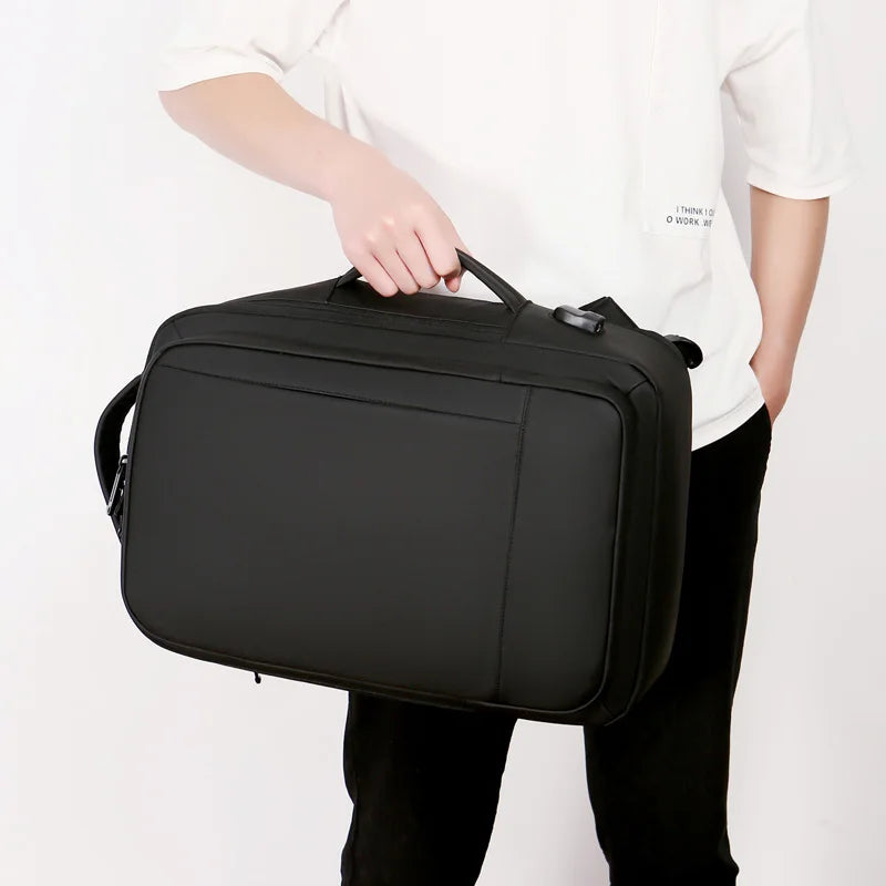 Expandable Travel Backpack with Boxy Shape and Multiple Carrying Positions