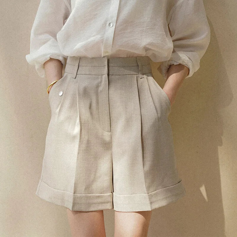 Women's Linen High-Waist Loose Pleated Shorts with Side Pockets and Zipper Fly