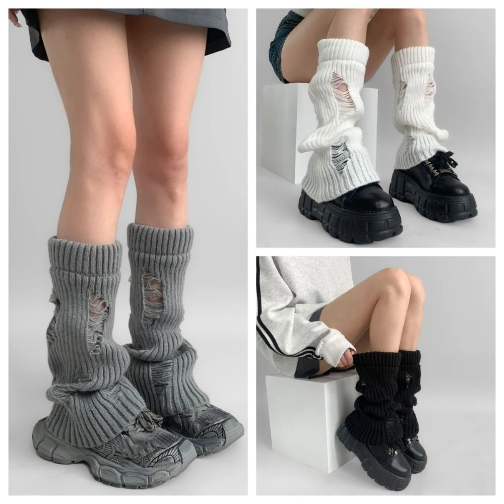 Distressed Ribbed Knit Leg Warmers with Ripped Pattern Details
