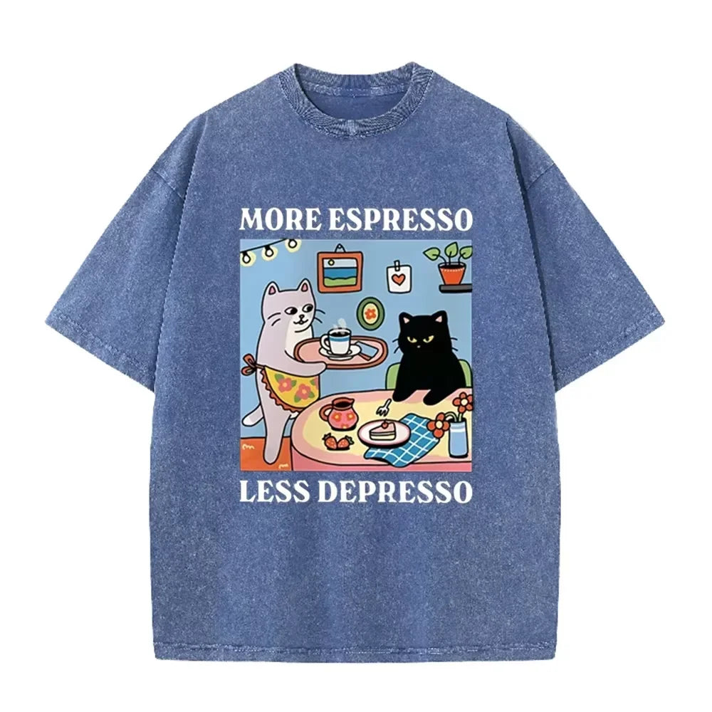 Vintage Black Cat Coffee T Shirt More Espresso Less Depresso Graphic Acid Wash Tee