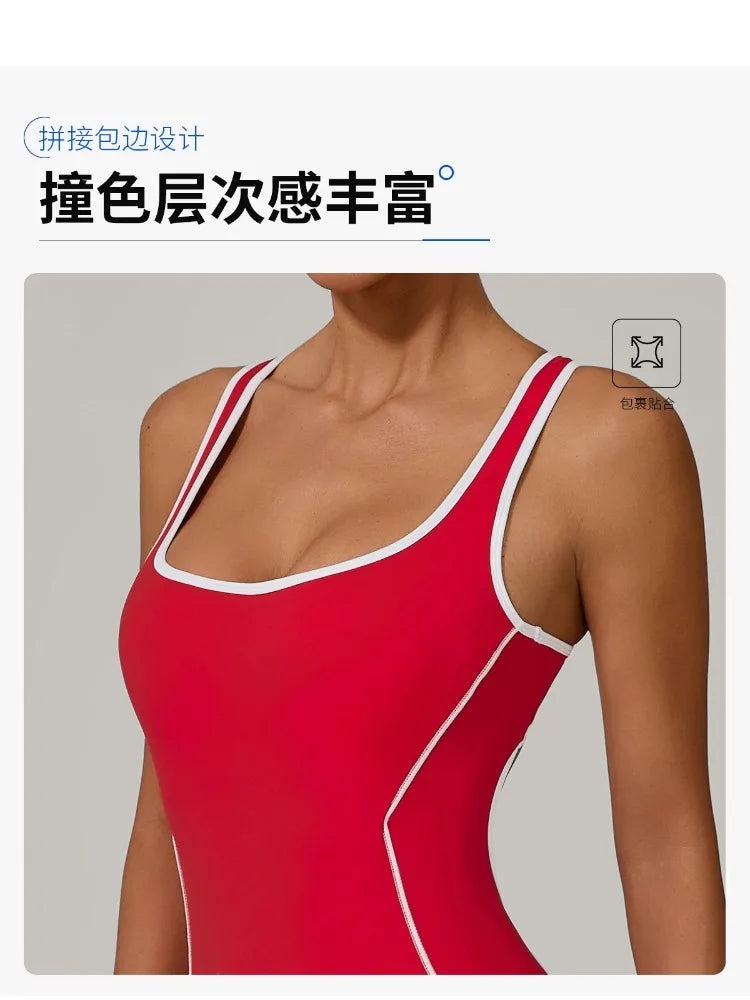 Women's Contrast Trim Nylon Blend Workout Romper with Racerback Cutout