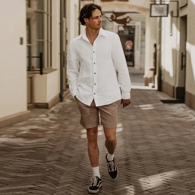 Men's Linen Long-Sleeve Button-Up Shirt with Classic Collar for Casual Daily Wear